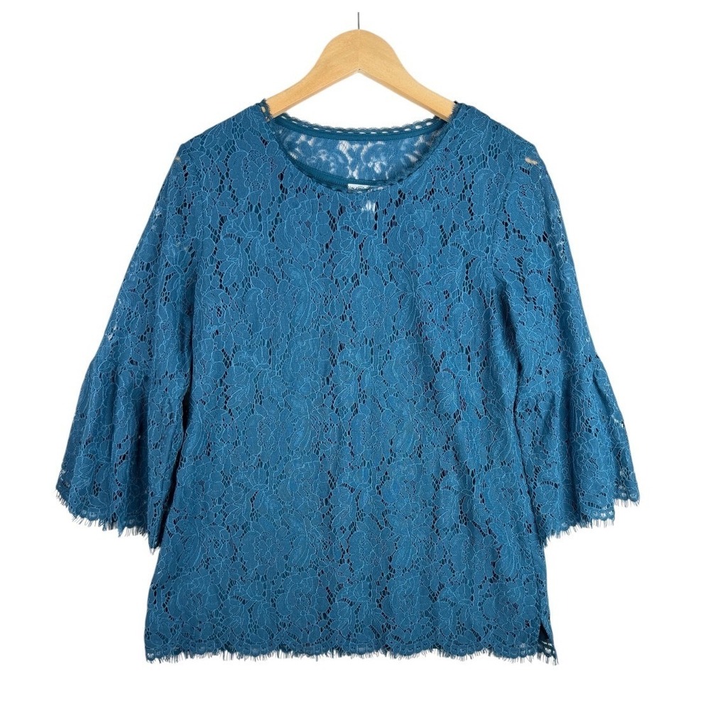 Isaac Mizrahi Live Teal Blue Lace Blouse Size Medium Bell Sleeve Floral Pattern